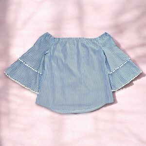 NWT Belle & Sky Blue White Striped Off The Shoulder Pom Bell Sleeve Top Size 2XL